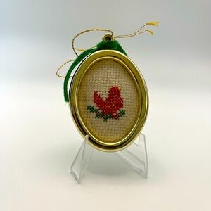 Vintage Framed Cross-Stitch Cardinal Ornament Handmade Christmas Decor kitsch